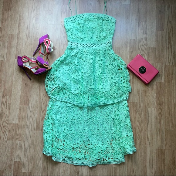 NWOT London brand True Decadence lace tiered dress in pistachio green - Picture 2 of 6